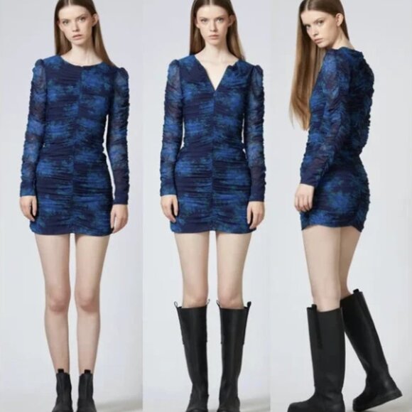 GANNI Sky Captain Blue Floral Long Sleeve Ruched Stretch Mesh Midi Dress NWT - Picture 1 of 15